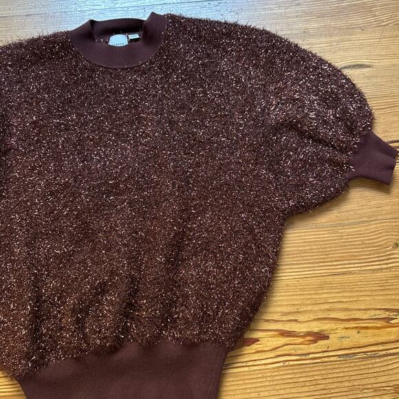 Anthropologie Maeve Violetta brown short sleeve tinsel open back sweater SIZE M - Picture 4 of 7
